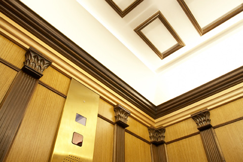 Luxury lift car finish for bespoke heritage lift in Sportsworld Glasgow