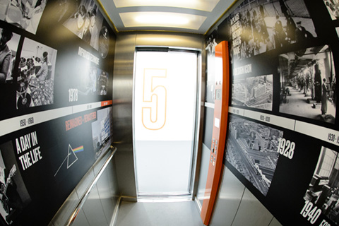 Bespoke lift car operating panel at Old Vinyl Factory