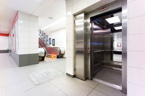 An 8 person vandal resistant lift within Glasgow Subway, equipped with CCTV