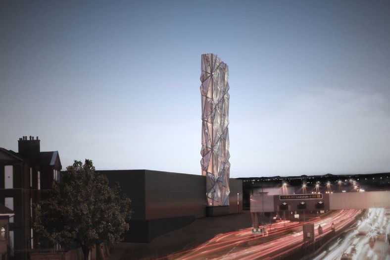 The Optic Cloak, flue stack of the Low Carbon District Energy Centre, designed by C.F. Møller Architects. © C.F. Møller.