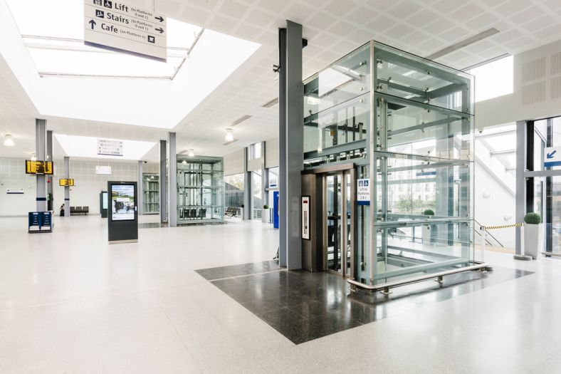 Stannah installs three 16-person, scenic, hydraulic passenger/goods lifts in Edinburgh Haymarket Station.
